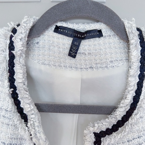 WHBM White Grey Tweed Metallic Dressy Blazer Jacket Black Piping XS - Picture 10 of 16